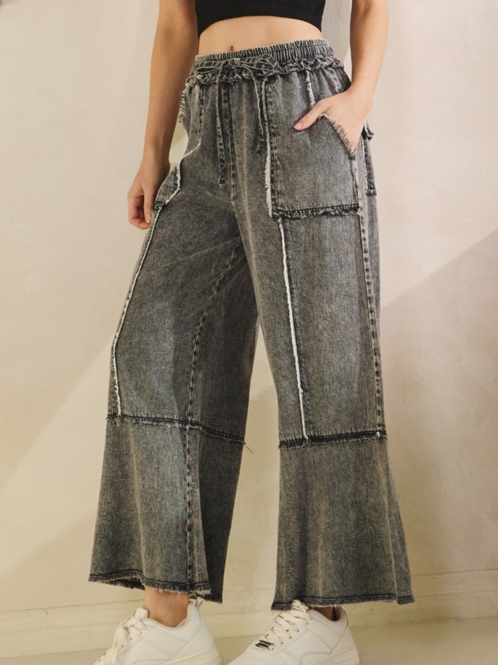 Sage + Fig Mineral Washed Stretchy Waist Cropped Denim Jean Pants